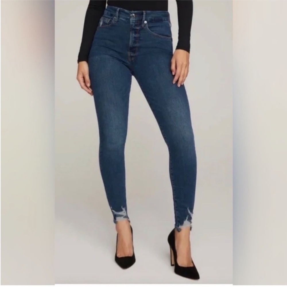 GOOD AMERICAN good waist distressed hem blue skinny jean